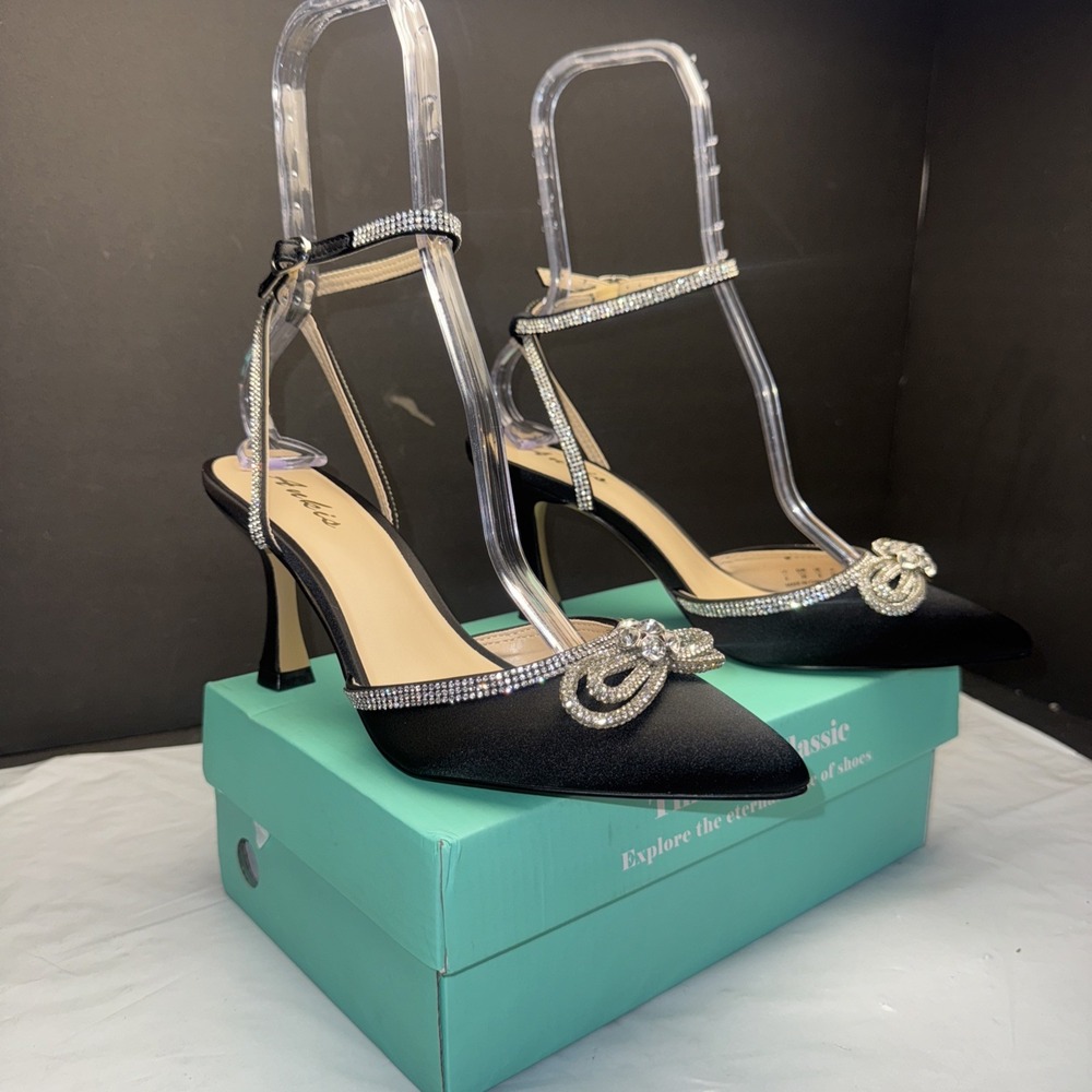 Ankis Women's Rhinestone Bow Heels Closed Toe‎ Pumps Strappy 8 Black  Glitter